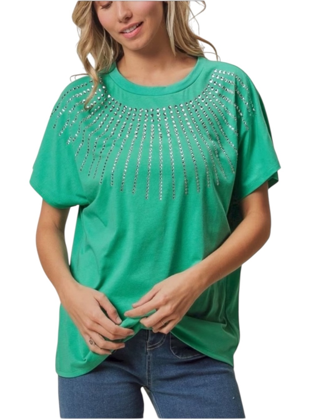 NWT BiBi Emerald Green Rhinestone Sunburst Oversized Tee M